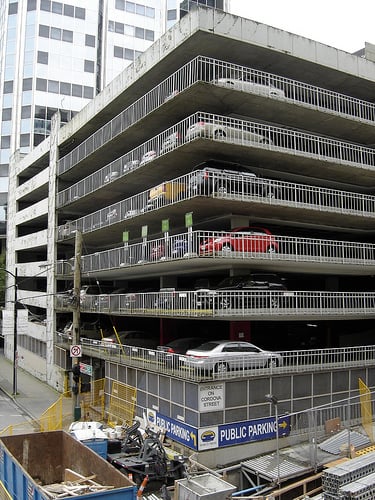 Multi-story parking garage in an urban setting